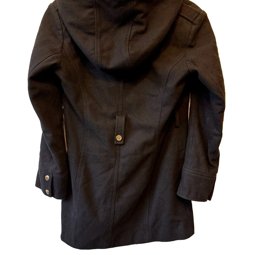 Michael Kors Asymmetrical Zip Hooded Coat Womens 6 Black Wool Blend‎ Gold Tone